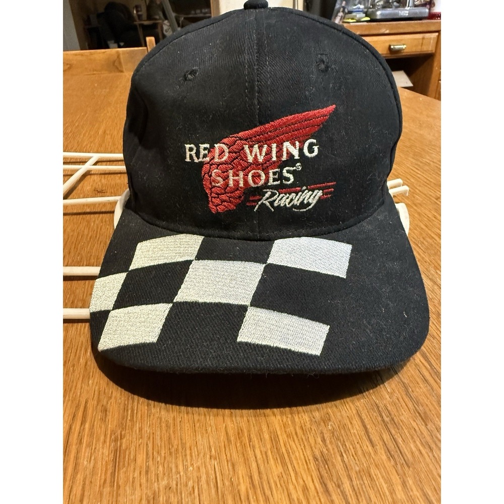 Vintage Red Wing Shoes Racing‎ Hat Checkered Flag Strapback Made Hong Kong